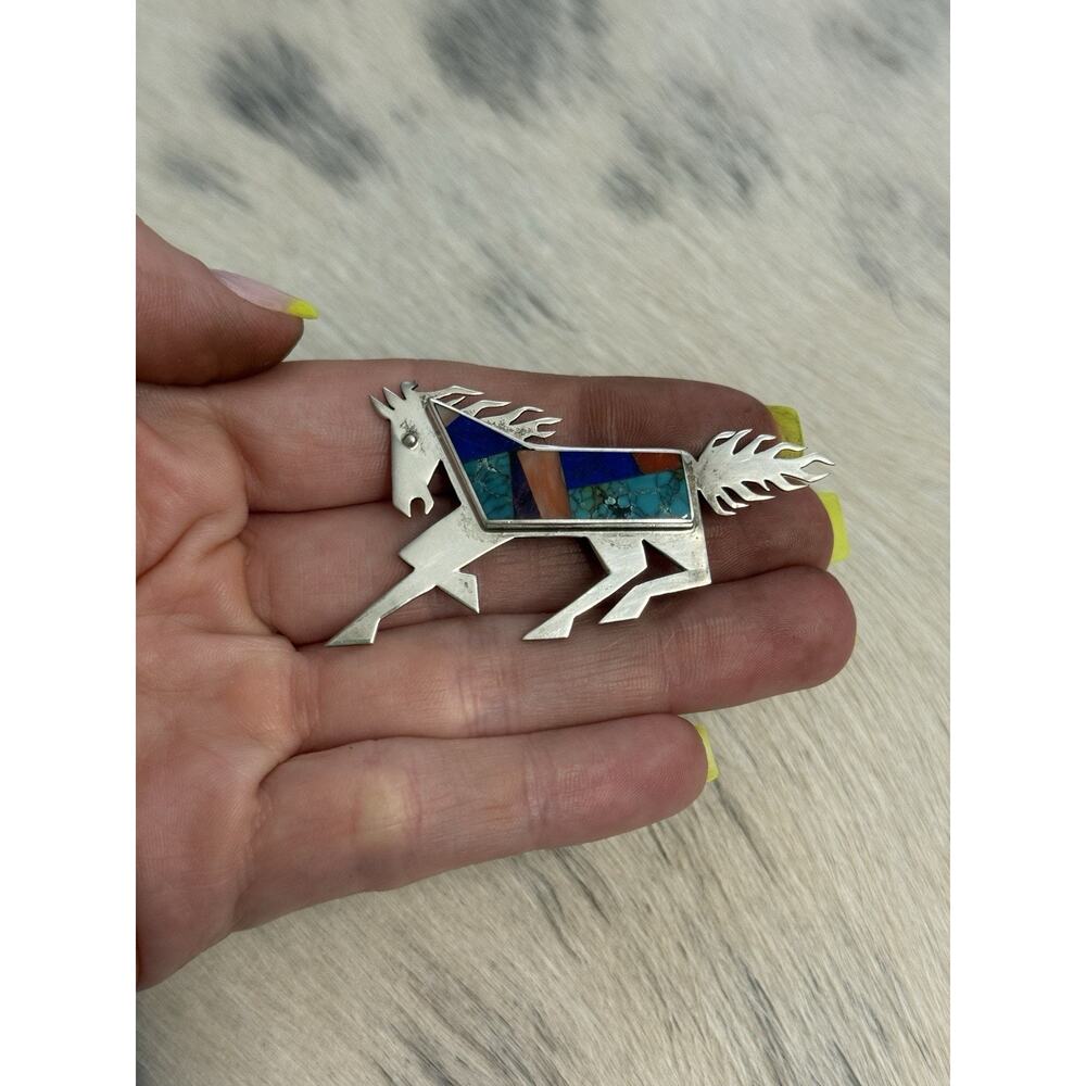 Native American Sterling Silver Inlay Horse Pin Turquoise Coral Robert Vandover